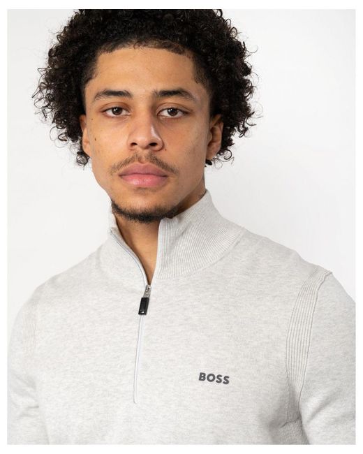 Boss Gray Boss Ever-X Cotton Blend Zip-Neck Sweater With Logo Print for men