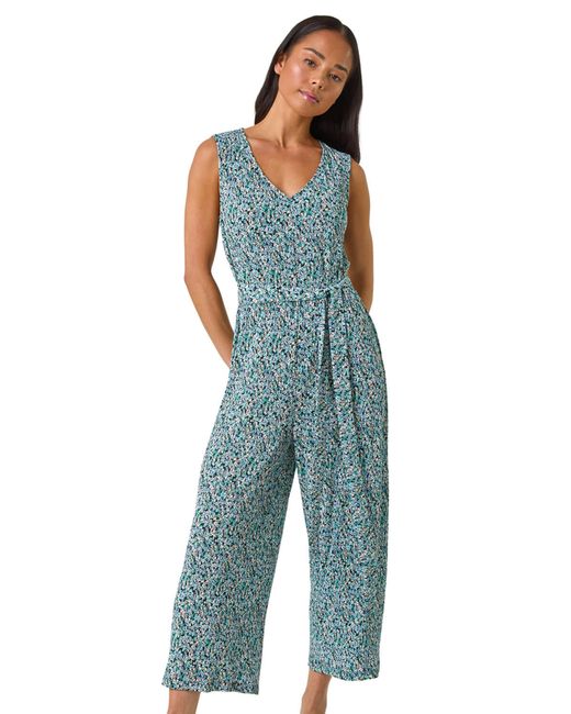 Roman Blue Petite Ditsy Crinkle Crop Jumpsuit