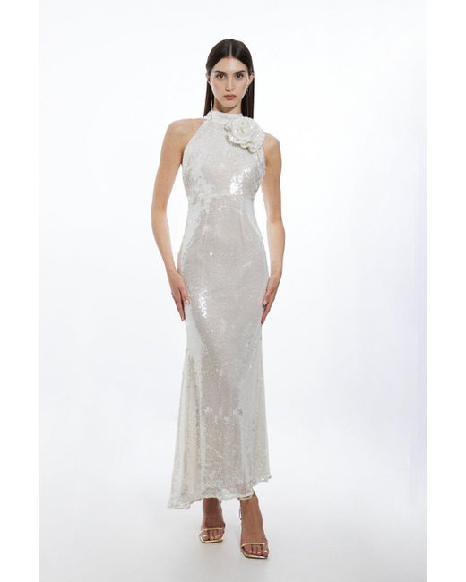 Karen Millen Sequin Rosette Halter Woven Maxi Dress in White | Lyst UK