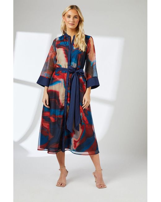 PRINCIPLES Red Multi Blur Print Belted Contrast Detail Collarless Shirt Dress