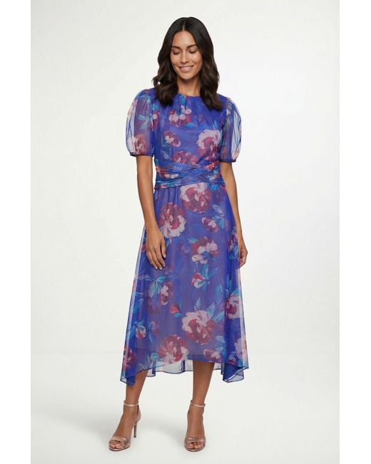 Wallis Blue Floral Mesh Pleated Midi Dress