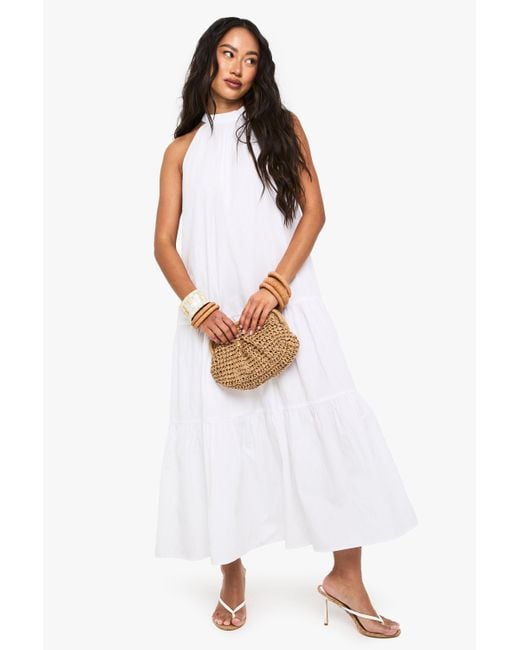 Boohoo Cotton Poplin High Neck Tiered Smock Dress in White Lyst UK