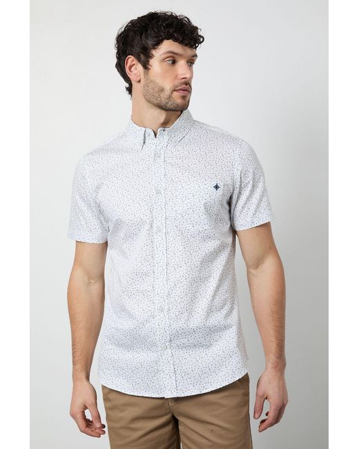 MAINE White Ditsy Floral Print Short Sleeve Shirt Cotton for men