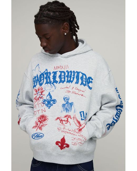 BoohooMAN Gray Marl Oversized Boxy Gothic Doodle Print Hoodie Cotton for men