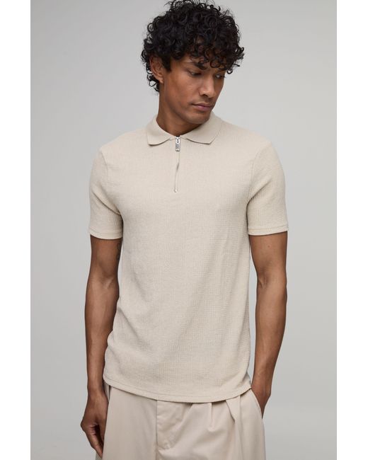 BoohooMAN Natural Muscle Fit Crinkle Textured Zip Up Polo for men