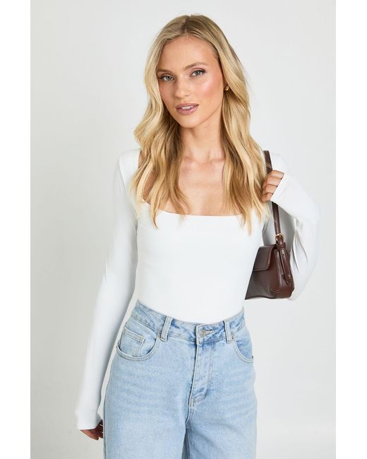 Boohoo White Petite Second Skin Square Neck Long Sleeve Top