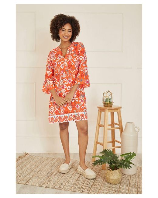Yumi' Orange Ikat Print 3/4 Sleeve Tunic Dress Cotton