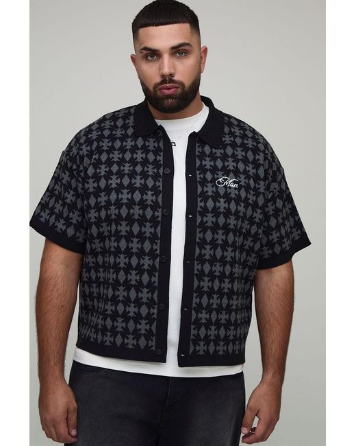BoohooMAN Black Plus Oversized Boxy Fit Jacquard Patch Knitted Shirt for men