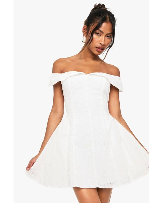 Boohoo White Broderie Bardot Structured Skater Dress