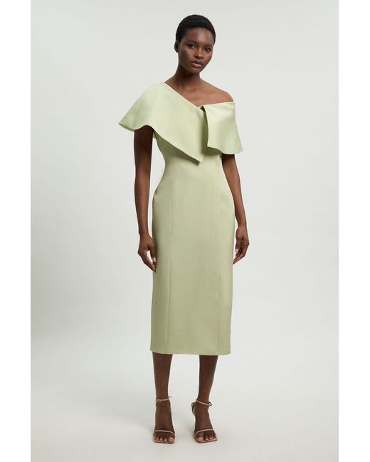 Karen Millen Green Polished Linen Blend Asymmetric Fold Detail Tailored Midi Pencil Dress