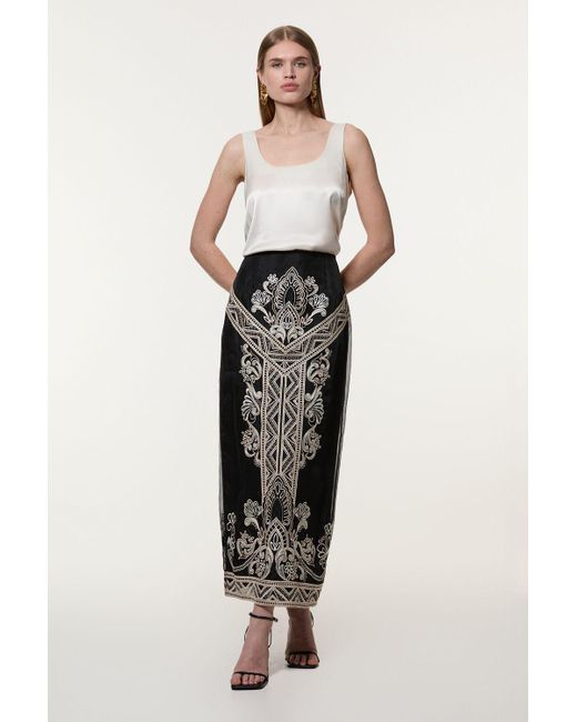 Karen Millen Black Tall Embroidered Organdie Woven Midi Skirt