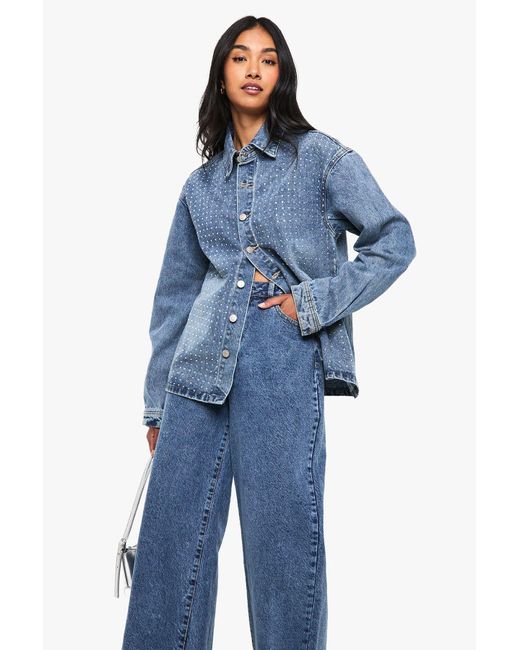 Boohoo Blue Diamante Detail Denim Oversized Shirt