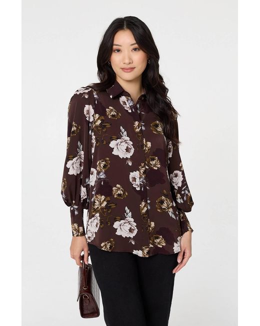 Izabel London Brown Floral Balloon Sleeve Semi Sheer Shirt