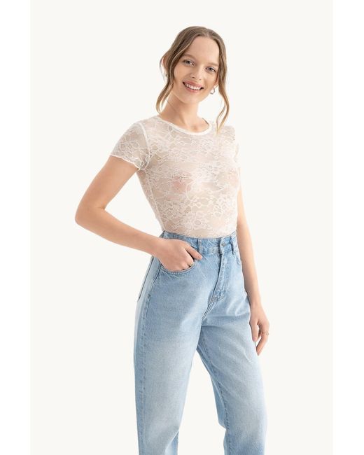 Hiccup Blue Flowers Embroidered Round Neck Mesh Top