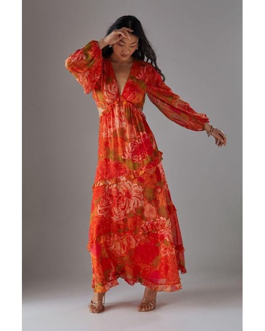 Warehouse Red Petite Chiffon Cut Out Waist Ruffe Maxi Dress