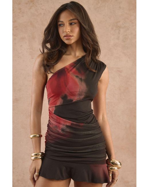 Boohoo Brown Floral Asymmetric Ruched Mini Dress