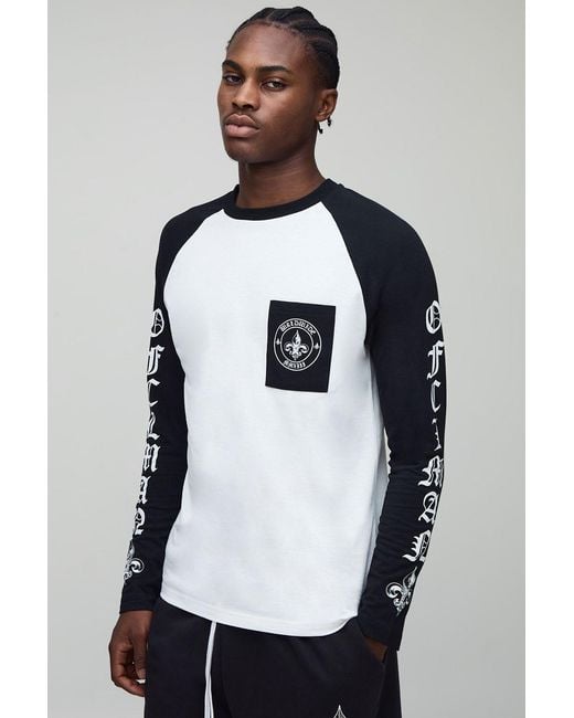 BoohooMAN Black Regular Fit Ofclman Raglan Pocket Detail Long Sleeve T-Shirt for men