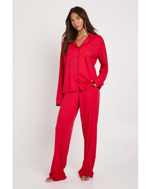 Boohoo Red Tall Jersey Piping Detail Long Sleeve Shirt & Trouser Pyjama Set