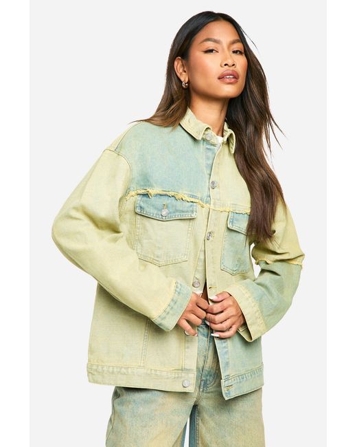 Boohoo Patchwork Greenwash Fray Detail Oversized Denim Shacket