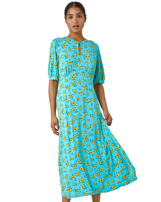 Roman Blue Sunflower Print Keyhole Stretch Midi Dress