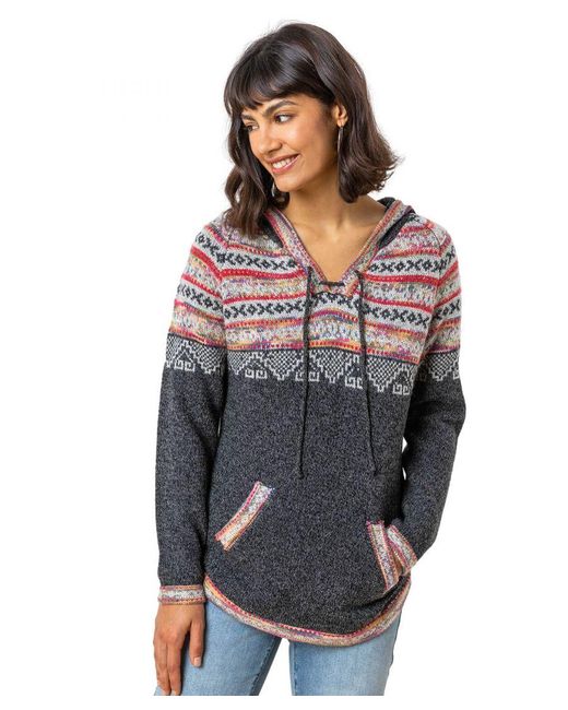 Roman Gray Nordic Print Knitted Hooded Jumper
