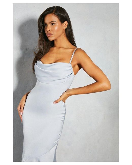 MissPap White Premium Satin Draped Bust Frill Hem Midi Dress