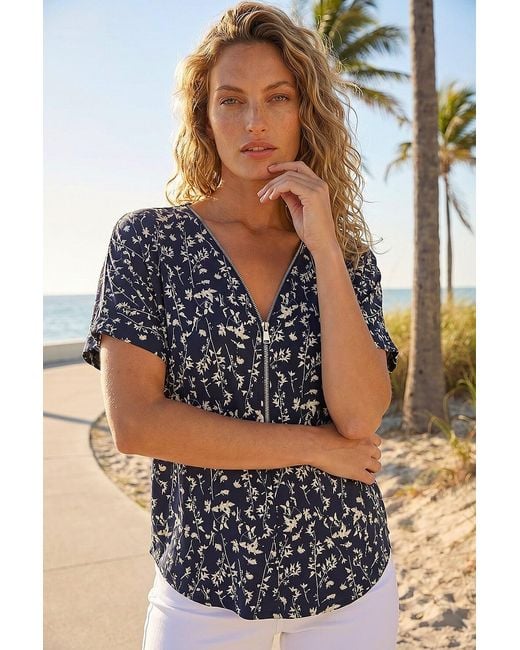 Roman Black Floral Puff Print Zip Front Top