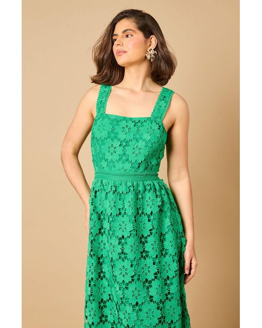 Oasis Green Floral Lace Detail Square Neck Midi Dress