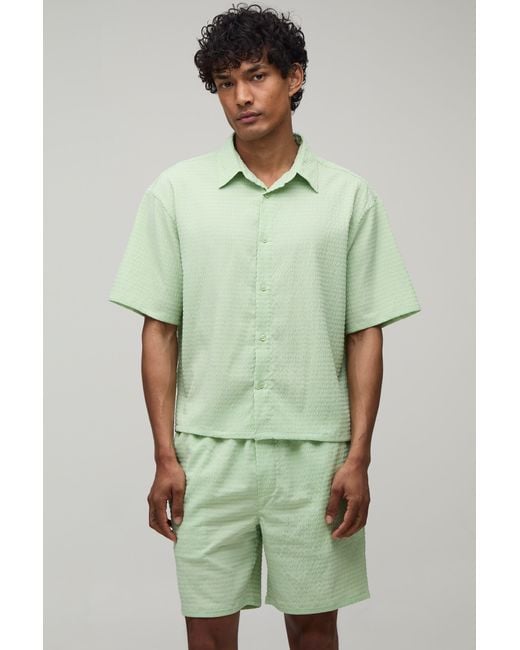 BoohooMAN Green Stripe Seersucker Oversized Boxy Shirt & Relaxed Short Set for men
