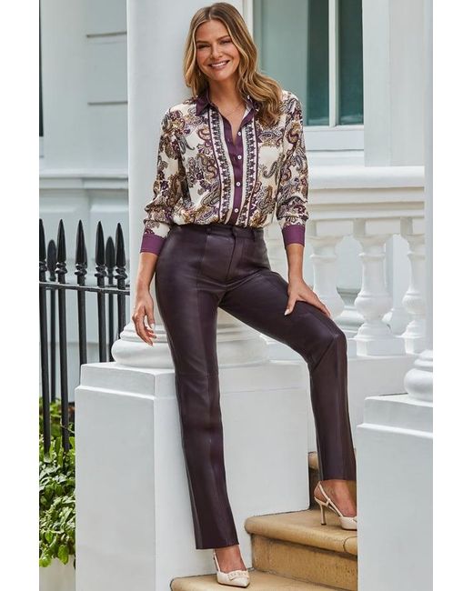 Sosandar Purple Mulberry Seam Detail Straight Leg Leather Trousers