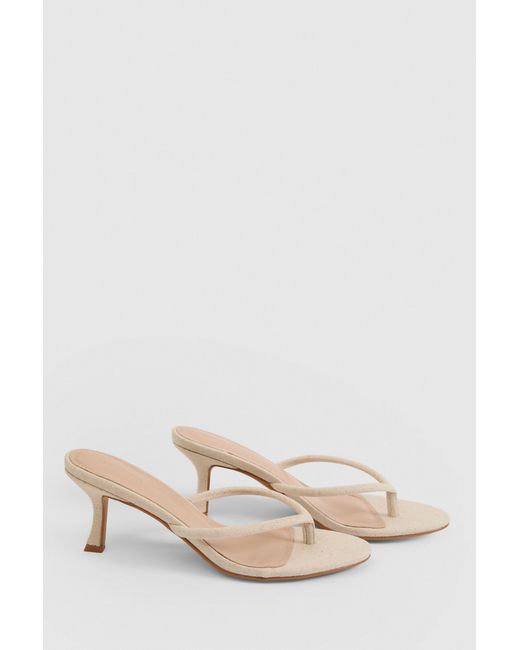 Boohoo Brown Linen Toe Post Heeled Mules