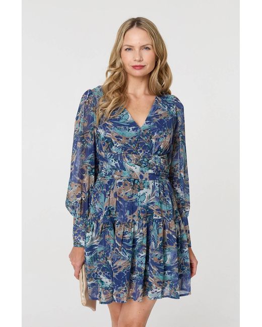 Izabel London Blue Printed Long Sleeve Pleated Short Dress