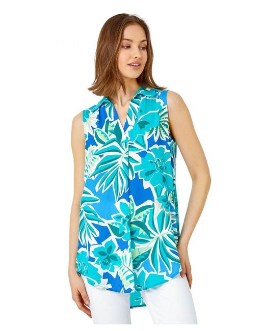Roman Blue Sleeveless Tropical Print Overshirt