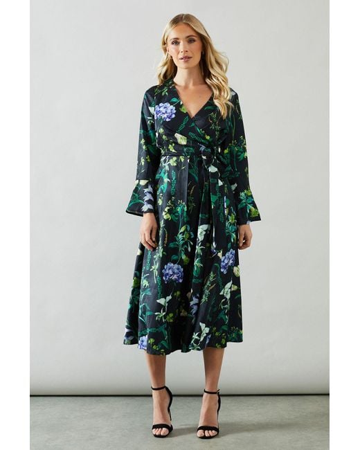Wallis Petite Floral Satin Jacquard Wrap Midi Dress in Green Lyst UK