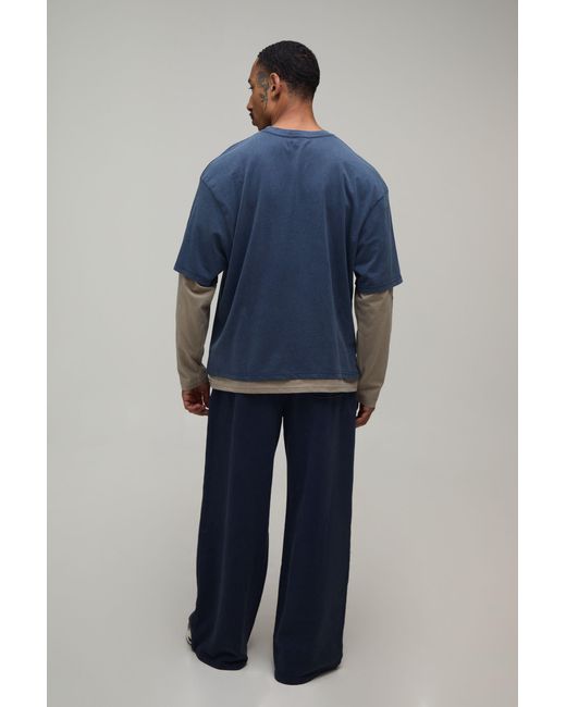 BoohooMAN Blue Essential Washed Regular Fit Faux Layer Long Sleeve T-Shirt for men