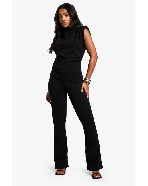 Boohoo Black Scuba Crepe Shoulder Pad Top And Flare Set