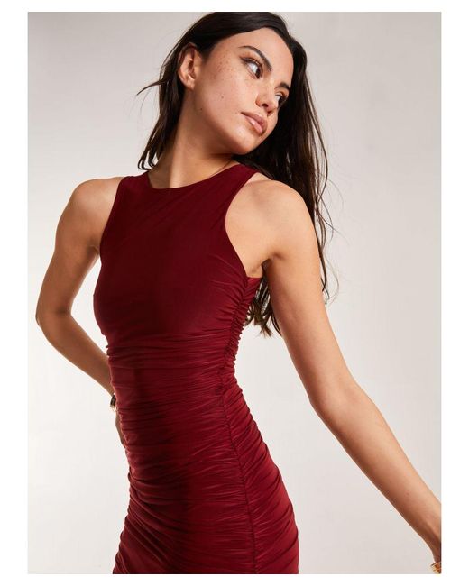 Pink Vanilla Red High Neck Ruched Slinky Mini Dress