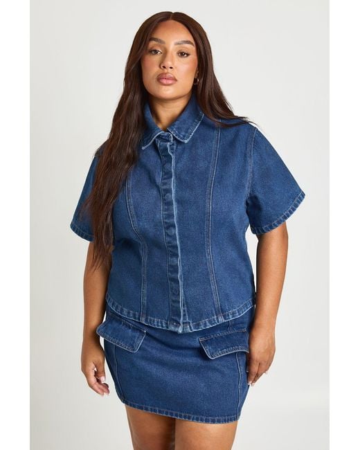 Boohoo Blue Plus Concealed Placket Cinched Denim Shirt