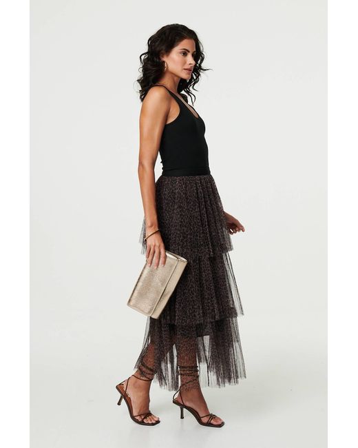 Izabel London Brown Animal Print Tiered Midi Skirt