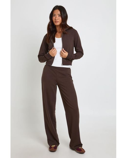 Boohoo Brown Loopback Slim Fit Zip Through Hoodie And Straight Leg Jogger Tracksuit