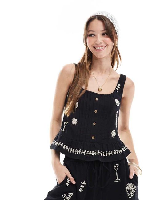 Object Black Embroidered Buttondown Jersey Top Co-Ord