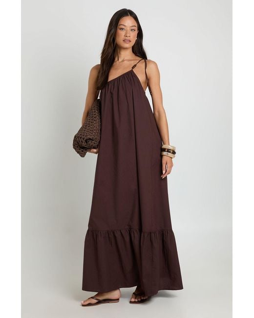 Boohoo Brown Tall Beaded Tie One Shoulder Smock Maxi Dress
