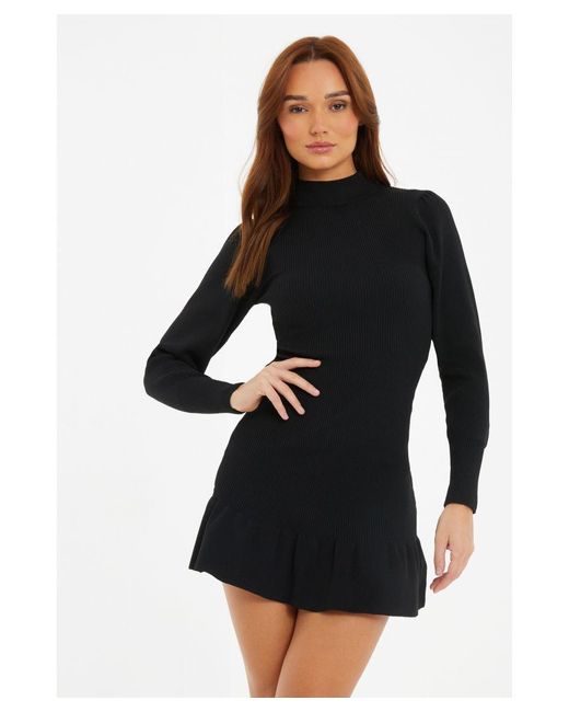 Quiz Black Knitted Frill Hem Jumper Dress