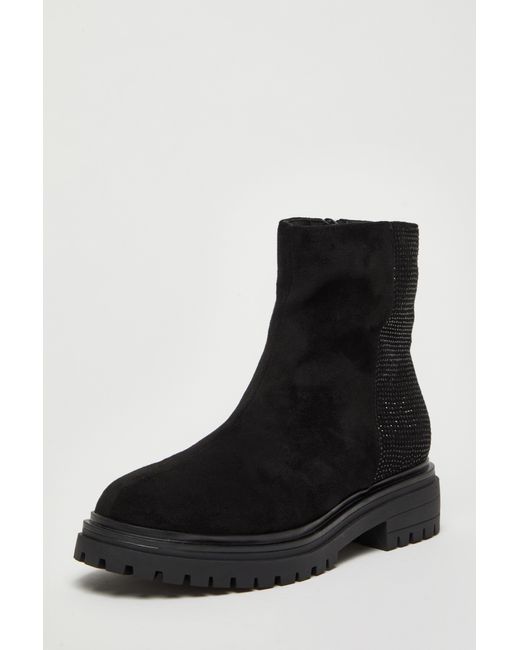 Quiz Diamante Faux Suede Ankle Boots Material Polyester in Black Lyst UK
