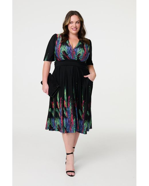 Izabel London Black Feather Print Faux Wrap Front Midi Dress
