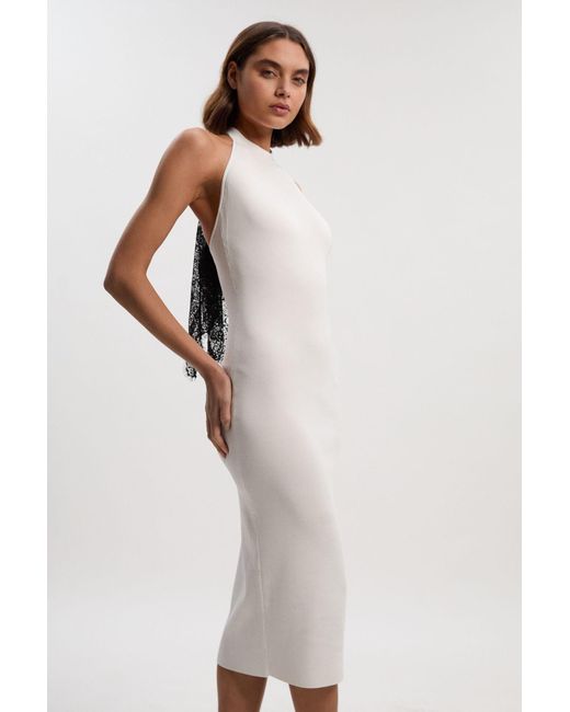 Karen Millen Natural Viscose Blend Slinky Sheer Lace Back Detail Knit Midi Dress
