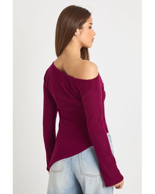 Boohoo Red Soft Brushed Rib Asym Neck And Hem Top