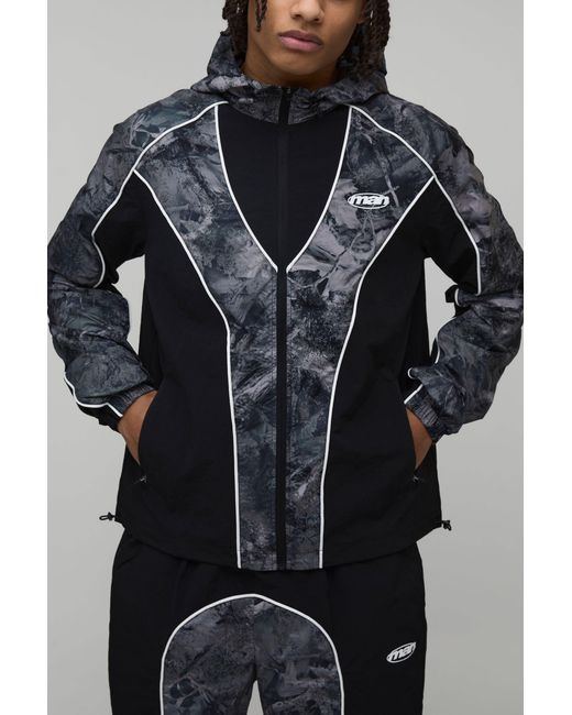 BoohooMAN Black Regular Fit Nylon Camo Colour Block Piping Hooded Track Jacket for men