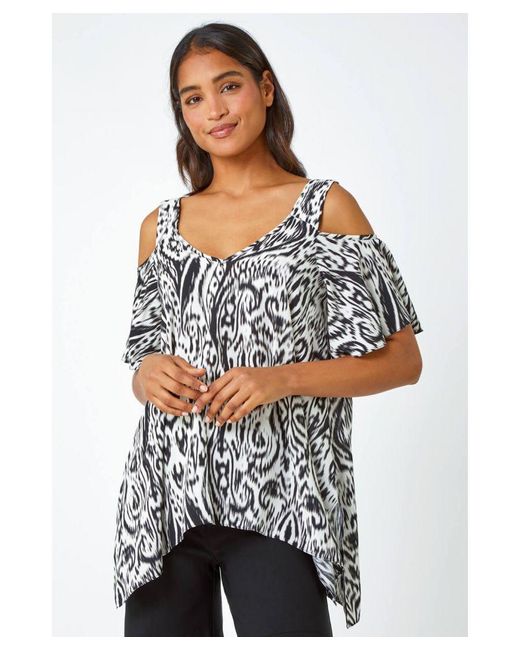 Roman Gray Aztec Cold Shoulder Hanky Hem Top