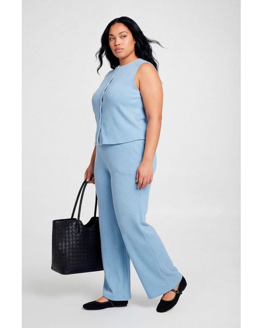 Boohoo Blue Plus Rib Button Top And Trouser Co-Ord